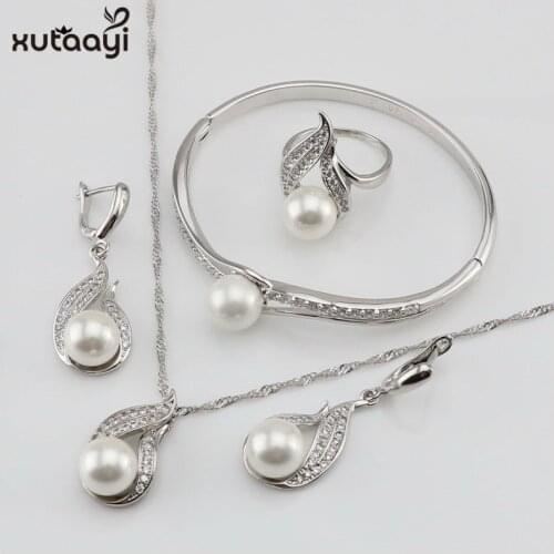 XUTAAYI White Simulated-Pearl White CZ Sterling Silver Jewelry Sets For Women Necklace Pendant Drop Earrings Rings Gift box