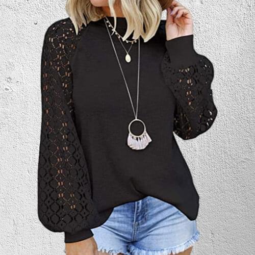 Hollow Out Long Sleeve Womens Tee Shirt Autumn Lace Stitching Pullover Tops Female Casual Loose Solid Fashion Ladies Clothing