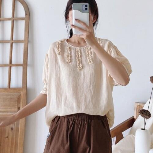 Johnature 2021 New Patchwork Ruffles Loose Linen Vintage Womens Tops And Blouses Summer All Match Solid Color Female Shirts