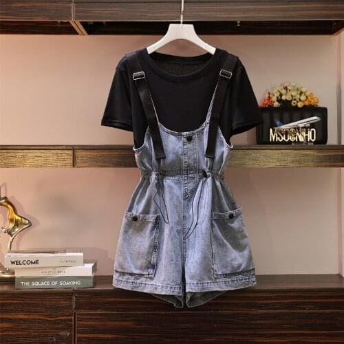 Ladies' summer section covering the belly fat mm set minus age fashion show thin straps jeans brim two-piece outfit