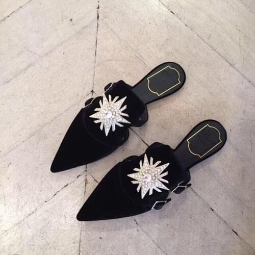 Koovan Womens Slippers 2021 Mueller Shoes Real Leather Half Slippers Sandals Pointed Rhinestone Flat Women Lazy Shoes