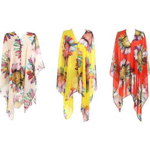 Women Swimsuit Blouse Loose Top Beach Floral Print Chiffon Cardigan Cover Up