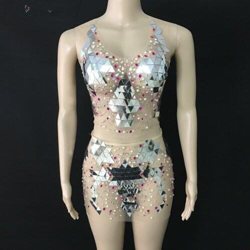 Colorful Pearls Rhinestones Mesh Outfit See Through Dance Wear Mirrors Outfit Nightclub Singer Silver Sequins Top Skirt