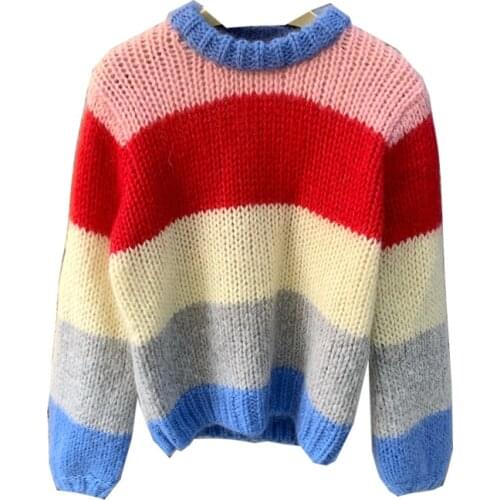 Loose Colorblock Striped Sweater Women Sweater 2021 Fall/winter Mohair Strap Round Neck
