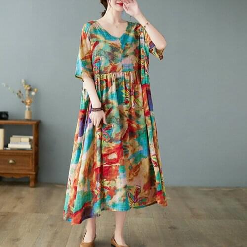 2021 New Arrival Short Sleeve Loose Summer Dress Cotton Linen Tie Dye Print Fashion Women Dress Holiday Travel Casual Midi Dress