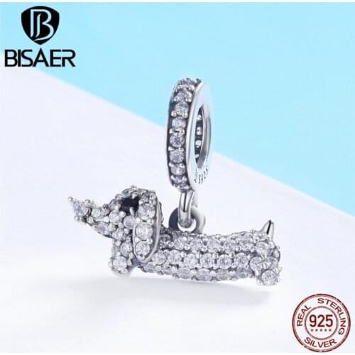 BISAER Charms 925 Sterling Silver Crystal Dachshund Charms CZ Dog Animal Pendant Beads Fit for Bracelets DIY Jewelry Making