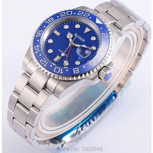 40mm BLIGER red GMT watch hand blue ceramic Bezel blue dial sapphire automatic mens Wristwatches