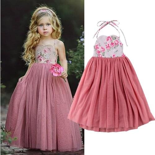 2020 kids girls summer dress pink lace mesh gown flower print suspenders Fashion tutu princess dress for girl 2-8Y