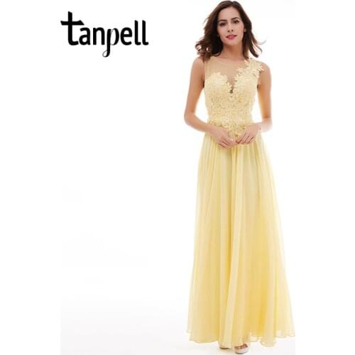 Tanpell lace up long bridesmaid dress sexy black scoop sleeveless appliques floor length dress daffodil wedding bridesmaid dress