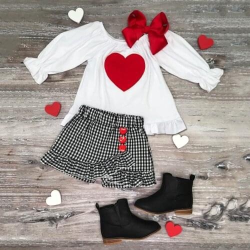 Kids Baby Girls Valentine Sets Outfits Heart-shaped Long Sleeve Tops Plaid Skirts Spring Toddler Girls Clothes Sets Outfits Girl