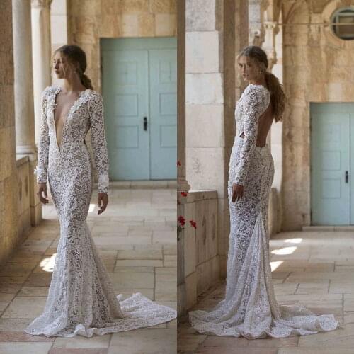 Illusion Lace Mermaid Wedding Dresses Sexy Deep V Neck Full Sleeve Bridal Gowns Backless robes de mariée
