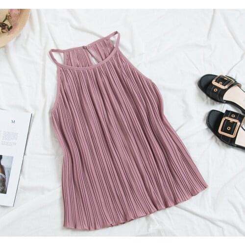 Heliar Summer Women Vintage Halter Tops Pleated Tank Top Women Elegant Chiffon Camisole Female Slim Cute Tops