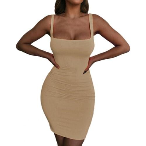 Fashion Bodycon Dress Summer Square Neck Sleeveless High Stretchy Summer Autumn Slim Solid Color Sling Dress Clubwear Khaki xl