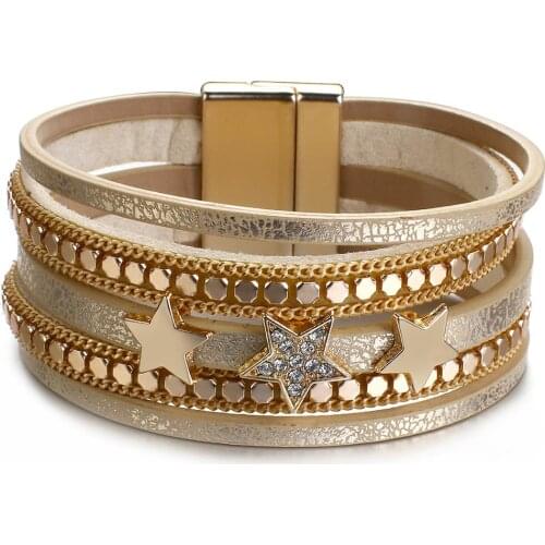 Flashbuy New Trendy Star Gold Color Leather Bracelets for Women Fashion Metal Bead Wide Wrap Bangles Jewelry Accessories