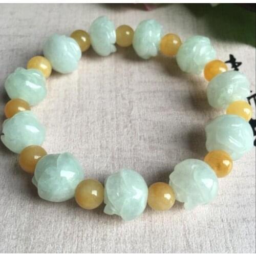 Real Burma Jadeite Bracelet Lotus Flower Beads Stone Green Lotus Bracelet Bangle