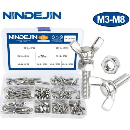 NINDEJIN wing bolt set butterfly screws with nut stainless steel m3 m4 m5 m6 m8 wing-head thumb screw kit DIN316