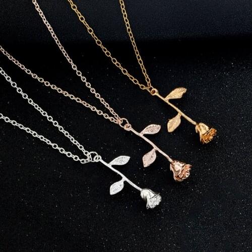 Summer New Beauty and the Beast Necklace Long Roses Flower Pendant Necklaces Sweater Chain Anniversary Wedding Jewelry Gifts