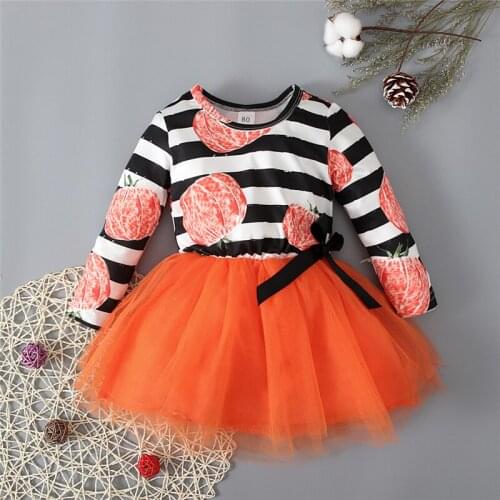 Kids Baby Girls Casual Long Sleeve Dress Cute Halloween Pumpkin Printing Mesh Yarn Stitching A-line Dress, 1-5Years