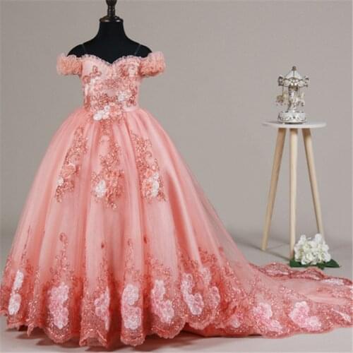 Off the Shoulder Flower Girl Dress for Wedding with Train Lace Sequins Ball Gown Girls Pageant Dress Party Gown Size 2-14y