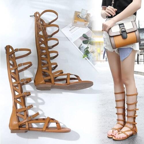 2021 New Summer Roman Sandals Sandals Feminine Flip-flop Flat Heel Hollow High-tube Zipper Sandals Women Thigh High Boots