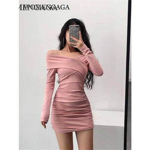 WOMENGAGA Sexy Strapless Cross Pleated Tight Hip Full Sleeve Fold Mini Dress Pencil Womens Autumn Girl Female Dresses SXYF