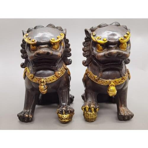 Asian Antique Art Collection Crafts, Chinese Old Pure Copper Lion Sculpture,Home Decoration 1 Pair Metal Fu Foo Dog Statue