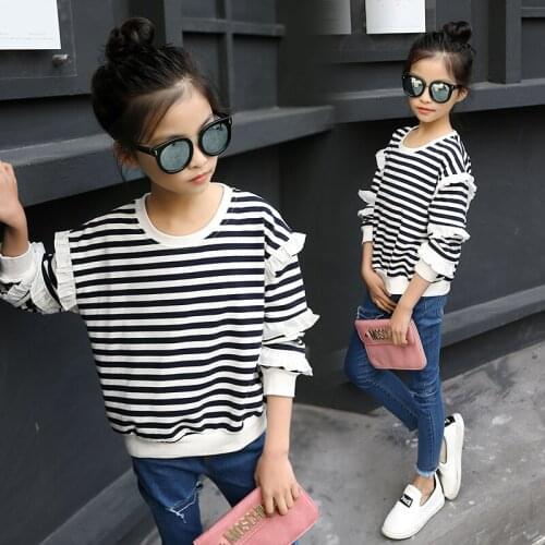 2020 Spring Girls Striped Long-Sleeve T-shirt Female Kids Cute Lace Spliced Bottoming Clothes Tops Childrens Fall Clothing X180