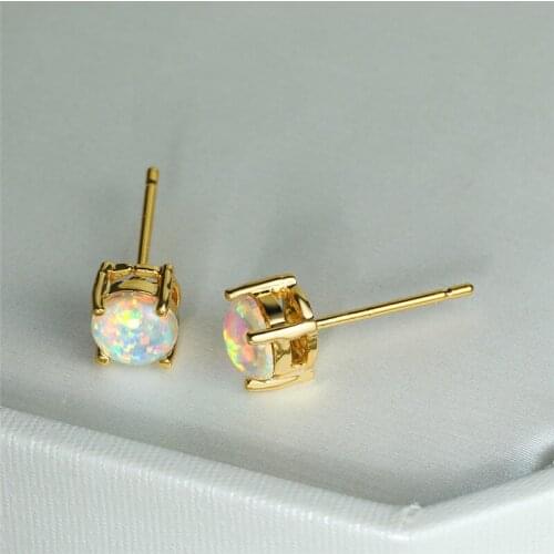 Vintage Fashion Yellow Gold Earrings Cute Small Round Stone Earrings White Blue Green Fire Opal Stud Earrings For Women Wedding