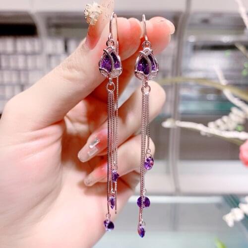 Viwisfy Long Tassel Purple Crystal Vintage Flower Jewelry 925 Sterling Silver Drop Earrings For Women VW21312