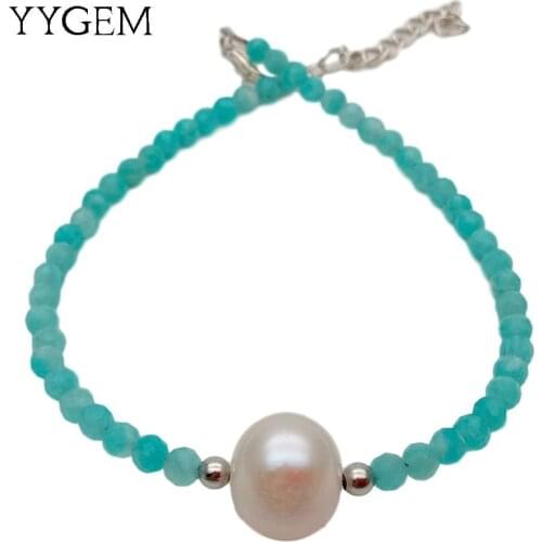 YYGEM Natural Green Peruvian Amazonite White Pearl Bracelet 8"