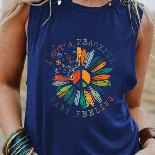 2021 I Got A Peaceful Easy Feeling Letter Colorful Flowers Print Tshirt Women Fashion Summer Sleeveless T-shirt O-neck Y2k Top