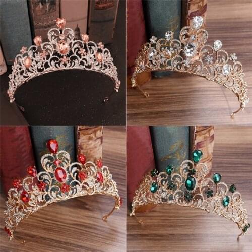 Orange Green Red Blue Rhinestone Bridal Tiara Golden Diadem for Women Wedding Dress Hair Jewelry Princess Crown accessories
