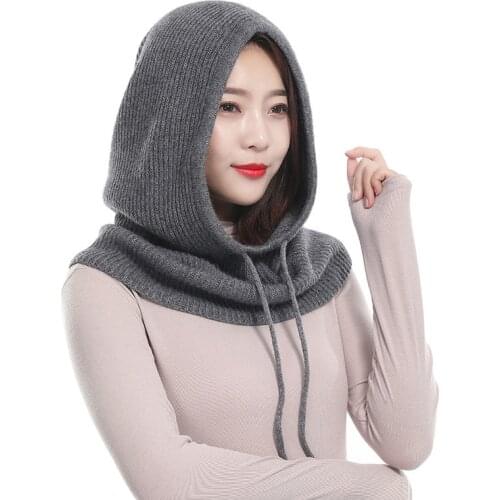 Women Winter Hat Female Knitted Hooded Scarf for Women Windproof Warm Windproof Wool Cap