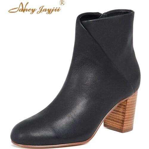 Cork Ankle Boots 2019 Ladies Winter Round Toe Chunky Heel Work Short Plush Zipper Shoes Woman Mature Novelty