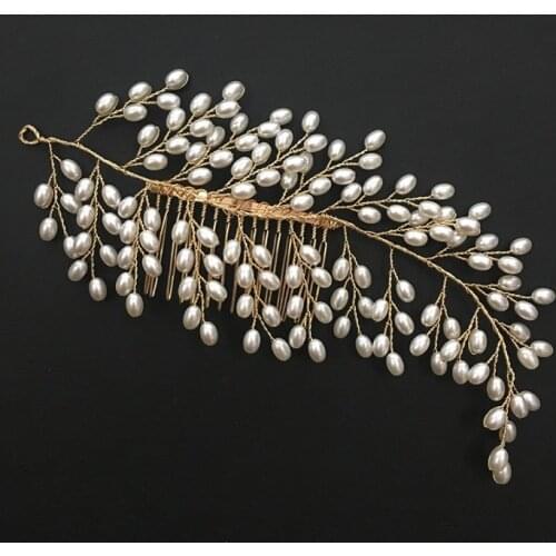 Women Pearl Gold Hair Combs Wedding Hair Accessories Hair Pin Rhinestone Tiara Bridal Clips Crystal Crown Bride Hair Jewelry