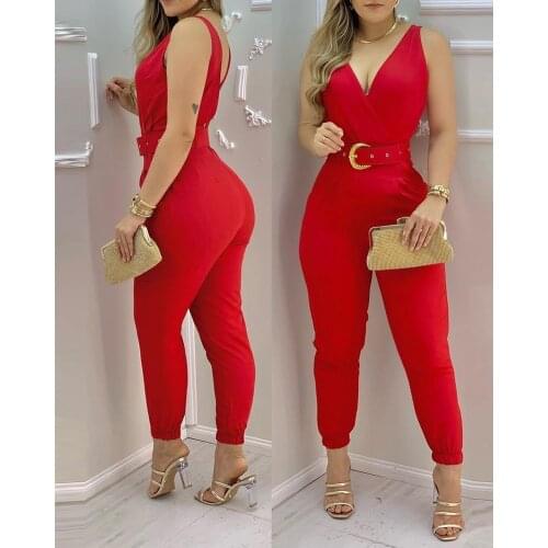 2021 Women Summer Sping Plain Thick Strap Jumpsuit With Belt V-Neck Thick Strap Sleeveless Solid Casual