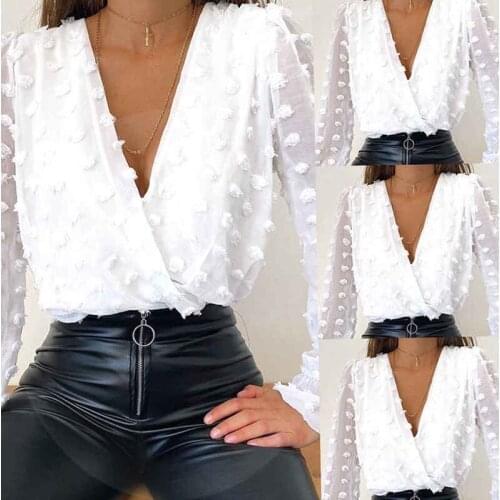 2021 Women Deep V Neck Top White Jacquard Fashion Shirt Female Long Sleeve Chic Shirt Sexy Polka Dot Solid Color Mesh Blouses