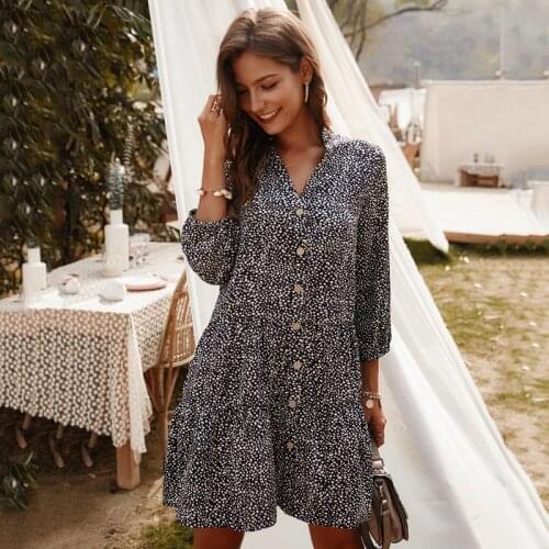 2020 summer spring women short dress three quarter sleeve v neck dot printed with buttons slim casual loose vestidos feminina