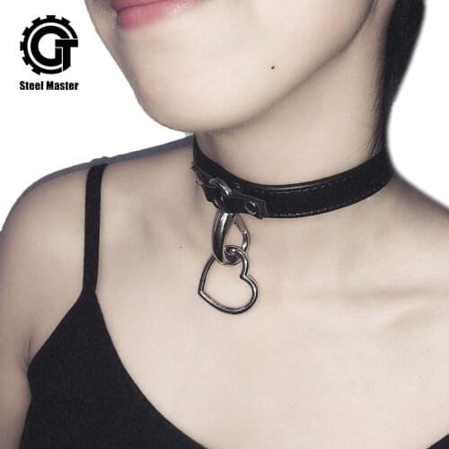 Steampunk Gothic Womens Choker Necklace Black Belt Heart Rivets Party Accessory