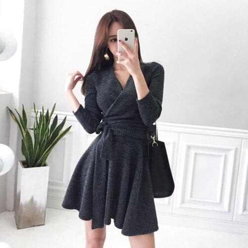 Evening Party Dresses Sexy V-neck Women Bow Bandage High Waist Pleated Mini Dress Korean Style Autumn Winter Vestidos Chic