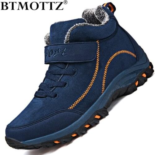 Winter Men Boots Warm Fur Suede Leather Snow Boots Mens Winter Work Casual Shoes Couple Sneakers High Top Rubber Ankle Boots