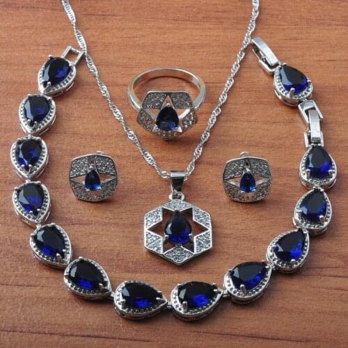 2020 New Blue Crystal Silver Plated Jewelry Sets Women Wedding Zirconia Earrings Ring Bracelet Christmas Gift JS0645