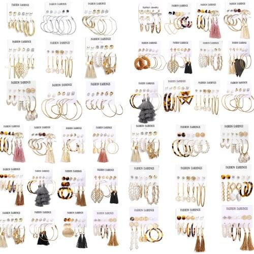 2021 Fashion Retro Bohemian Geometry 12 Pairs/Set of Tassel Crystal Pearl Earrings Womens Jewelry Gifts
