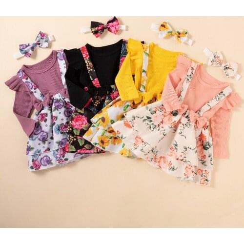 3PCS Set Kids Baby Girl Long Sleeve Cotton T-shirt Tops Floral Suspender Skirt Headband Outfits Children Girls Clothes