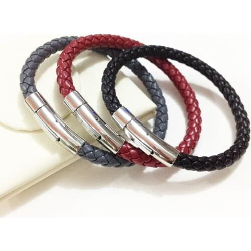 Charm 6mm Black Genuine Leather Bracelet for Men Women Vintage Stainless Steel Braided Leather Bracelets Bangles Men Jewelry