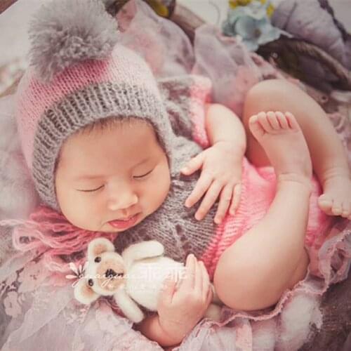 Baby hat and diaper full set Newborn knit mohair romper overall Newborn photography props