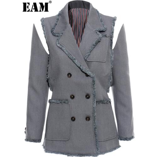 [EAM] 2021 New Spring Autumn Turn Down Collar Long Sleeve Double Breasted Pockets Personality Jacket Women Coat Fashion JX643