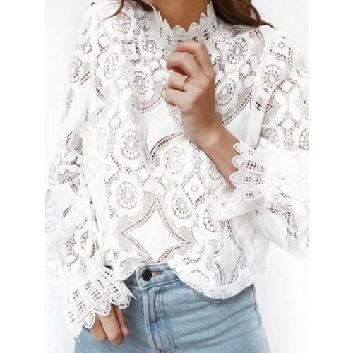 Hot Sale Fashion Cut Out Translucent Horn Long Sleeve Slim Elegant Shirts Sexy Summer White Lace Shirt Women Blouses and Tops