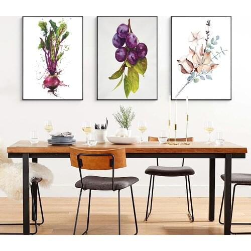 Canvas Painting Nordic White Flower Leaf Plant Purple Grape Radish Style Posters and Print Wall Art Picture Kitchen Room Decor