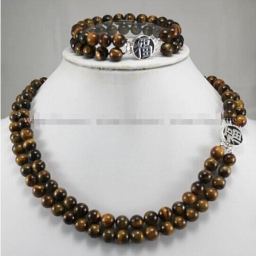 2Rows 10MM Tigers Eye Round Beads Necklace bracelet set